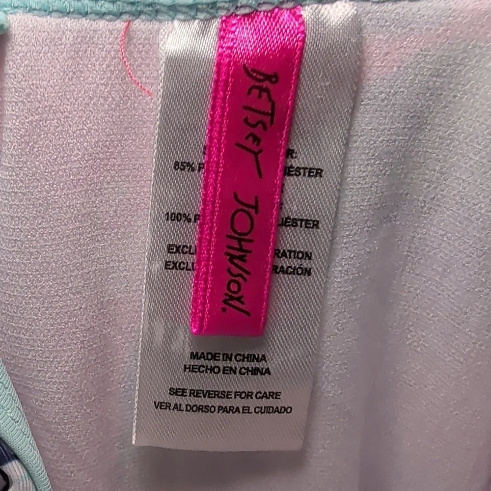 Betsey Johnson One-Piece Swimsuit Pink Blue Floral Ruffle Pom-Pom Trim Size M 10